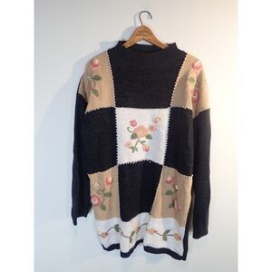 Diana Marco Black Patchwork Vintage Sweater Rose Flower Beading Details Large